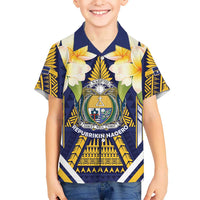 Personalised Nauru Independence Day Family Matching Tank Maxi Dress and Hawaiian Shirt Coat Of Arms With Plumeria - Polynesian Pride
