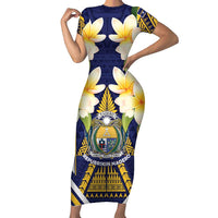 Personalised Nauru Independence Day Short Sleeve Bodycon Dress Coat Of Arms With Plumeria LT05 Long Dress Navy - Polynesian Pride