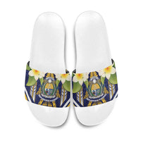 Nauru Independence Day Slide Sandals Coat Of Arms With Plumeria - Polynesian Pride