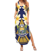 Personalised Nauru Independence Day Summer Maxi Dress Coat Of Arms With Plumeria LT05 Women Navy - Polynesian Pride