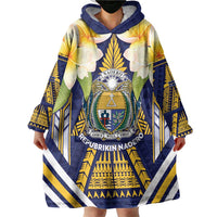 Personalised Nauru Independence Day Wearable Blanket Hoodie Coat Of Arms With Plumeria - Polynesian Pride
