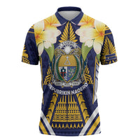Personalised Nauru Independence Day Zipper Polo Shirt Coat Of Arms With Plumeria - Polynesian Pride