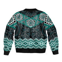 New Zealand Aotearoa Bomber Jacket Turquoise Taniko Art Maori Pattern