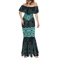 New Zealand Aotearoa Mermaid Dress Turquoise Taniko Art Maori Pattern