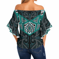New Zealand Aotearoa Off Shoulder Wrap Waist Top Turquoise Taniko Art Maori Pattern LT05 - Polynesian Pride