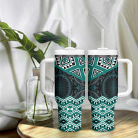New Zealand Aotearoa Tumbler With Handle Turquoise Taniko Art Maori Pattern LT05 - Polynesian Pride