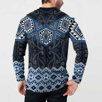 New Zealand Aotearoa Button Sweatshirt Blue Taniko Art Maori Pattern LT05 - Polynesian Pride
