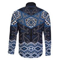 New Zealand Aotearoa Family Matching Off The Shoulder Long Sleeve Dress and Hawaiian Shirt Blue Taniko Art Maori Pattern
