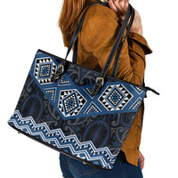New Zealand Aotearoa Leather Tote Bag Blue Taniko Art Maori Pattern