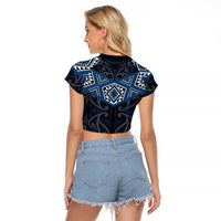 New Zealand Aotearoa Raglan Cropped T Shirt Blue Taniko Art Maori Pattern LT05 - Polynesian Pride