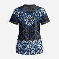 New Zealand Aotearoa Scrub Top Blue Taniko Art Maori Pattern - Polynesian Pride