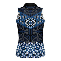 New Zealand Aotearoa Women Sleeveless Polo Shirt Blue Taniko Art Maori Pattern