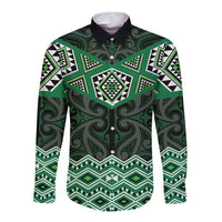 New Zealand Aotearoa Long Sleeve Button Shirt Green Taniko Art Maori Pattern LT05 Unisex Green - Polynesian Pride