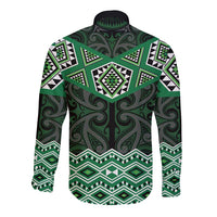 New Zealand Aotearoa Long Sleeve Button Shirt Green Taniko Art Maori Pattern LT05 - Polynesian Pride