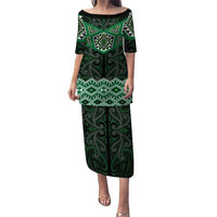 New Zealand Aotearoa Puletasi Green Taniko Art Maori Pattern LT05 Long Dress Green - Polynesian Pride