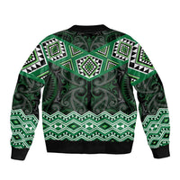 New Zealand Aotearoa Sleeve Zip Bomber Jacket Green Taniko Art Maori Pattern