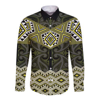 New Zealand Aotearoa Long Sleeve Button Shirt Yellow Taniko Art Maori Pattern LT05 Unisex Yellow - Polynesian Pride