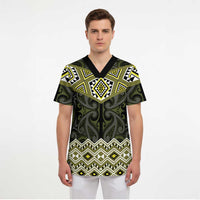 New Zealand Aotearoa Scrub Top Yellow Taniko Art Maori Pattern - Polynesian Pride