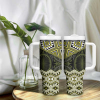 New Zealand Aotearoa Tumbler With Handle Yellow Taniko Art Maori Pattern LT05 - Polynesian Pride