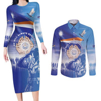 Personalised Marshall Islands Remembrance Day Couples Matching Long Sleeve Bodycon Dress and Long Sleeve Button Shirt We Will Always Remember LT05 Blue - Polynesian Pride