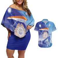Personalised Marshall Islands Remembrance Day Couples Matching Off Shoulder Short Dress and Hawaiian Shirt We Will Always Remember LT05 Blue - Polynesian Pride