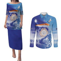 Personalised Marshall Islands Remembrance Day Couples Matching Puletasi and Long Sleeve Button Shirt We Will Always Remember LT05 Blue - Polynesian Pride