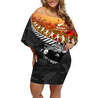 New Zealand ANZAC Rugby Off Shoulder Short Dress Soldier Fern With Kiwi Bird LT05 Women Black - Polynesian Pride
