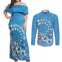 Personalised Penrhyn Gospel Day Couples Matching Off Shoulder Maxi Dress and Long Sleeve Button Shirt Cook Islands Tribal Pattern LT05 Blue - Polynesian Pride