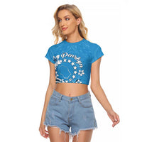 Personalised Penrhyn Gospel Day Raglan Cropped T Shirt Cook Islands Tribal Pattern LT05 Female Blue - Polynesian Pride