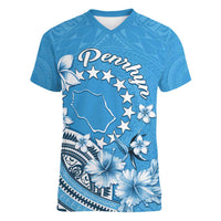 Personalised Penrhyn Gospel Day Women V-Neck T-Shirt Cook Islands Tribal Pattern LT05 Female Blue - Polynesian Pride