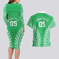 Custom Cook Islands Mitiaro Couples Matching Long Sleeve Bodycon Dress and Hawaiian Shirt Polynesian Tribal Tattoo