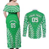 Custom Cook Islands Mitiaro Couples Matching Off Shoulder Maxi Dress and Long Sleeve Button Shirt Polynesian Tribal Tattoo