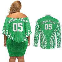 Custom Cook Islands Mitiaro Couples Matching Off Shoulder Short Dress and Long Sleeve Button Shirt Polynesian Tribal Tattoo