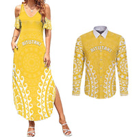 Custom Cook Islands Aitutaki Couples Matching Summer Maxi Dress and Long Sleeve Button Shirt Polynesian Tribal Tattoo