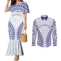 Custom Cook Islands Palmerston Couples Matching Mermaid Dress and Long Sleeve Button Shirt Polynesian Tribal Tattoo