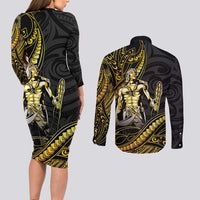 Filipinos Lapu Lapu Hero Couples Matching Long Sleeve Bodycon Dress and Long Sleeve Button Shirt Gold Polynesian Tribal Tattoo