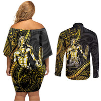 Filipinos Lapu Lapu Hero Couples Matching Off Shoulder Short Dress and Long Sleeve Button Shirt Gold Polynesian Tribal Tattoo