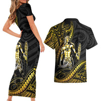 Filipinos Lapu Lapu Hero Couples Matching Short Sleeve Bodycon Dress and Hawaiian Shirt Gold Polynesian Tribal Tattoo