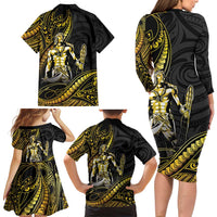 Filipinos Lapu Lapu Hero Family Matching Long Sleeve Bodycon Dress and Hawaiian Shirt Gold Polynesian Tribal Tattoo