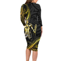 Filipinos Lapu Lapu Hero Family Matching Long Sleeve Bodycon Dress and Hawaiian Shirt Gold Polynesian Tribal Tattoo