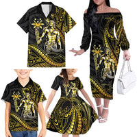 Filipinos Lapu Lapu Hero Family Matching Off The Shoulder Long Sleeve Dress and Hawaiian Shirt Gold Polynesian Tribal Tattoo