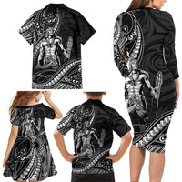 Filipinos Lapu Lapu Hero Family Matching Long Sleeve Bodycon Dress and Hawaiian Shirt Black Polynesian Tribal Tattoo