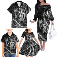 Filipinos Lapu Lapu Hero Family Matching Off The Shoulder Long Sleeve Dress and Hawaiian Shirt Black Polynesian Tribal Tattoo