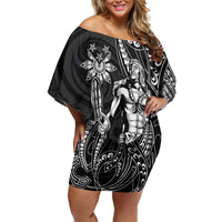 Filipinos Lapu Lapu Hero Family Matching Off Shoulder Short Dress and Hawaiian Shirt Black Polynesian Tribal Tattoo
