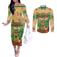 Personalised Hawaii Cinco De Mayo Couples Matching Off The Shoulder Long Sleeve Dress and Long Sleeve Button Shirt Funny Style LT05 Brown - Polynesian Pride
