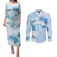 Happy Fiji Girmit Day Couples Matching Puletasi and Long Sleeve Button Shirt Fijian Tapa With Mandala Pattern LT05 Blue - Polynesian Pride