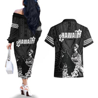 Hawaii King Kamehameha Day Parade Couples Matching Off The Shoulder Long Sleeve Dress and Hawaiian Shirt With Pa'u Riders Plumeria Kakau Tribal Pattern