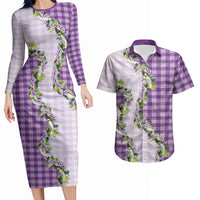 Violet Hawaii Palaka Couples Matching Long Sleeve Bodycon Dress and Hawaiian Shirt Maile Pikake Honohono Orchid Lei LT05 Violet - Polynesian Pride