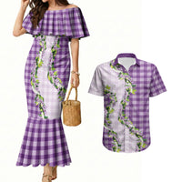 Violet Hawaii Palaka Couples Matching Mermaid Dress and Hawaiian Shirt Maile Pikake Honohono Orchid Lei LT05 Violet - Polynesian Pride
