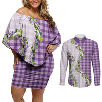 Violet Hawaii Palaka Couples Matching Off Shoulder Short Dress and Long Sleeve Button Shirt Maile Pikake Honohono Orchid Lei LT05 Violet - Polynesian Pride